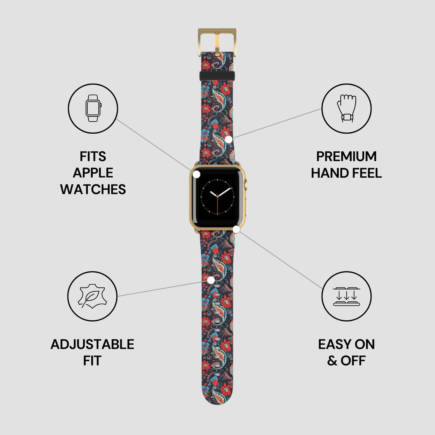 Smartwatch with a patterned band on a gray background with feature icons.