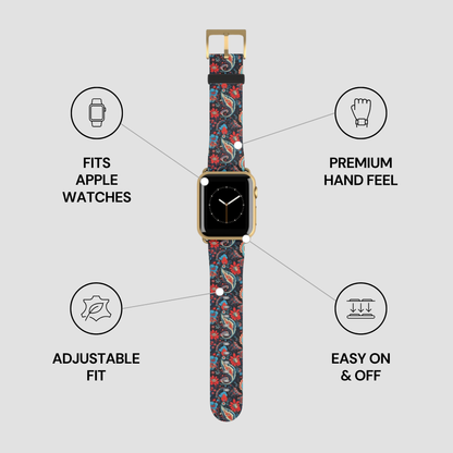 Smartwatch with a patterned band on a gray background with feature icons.