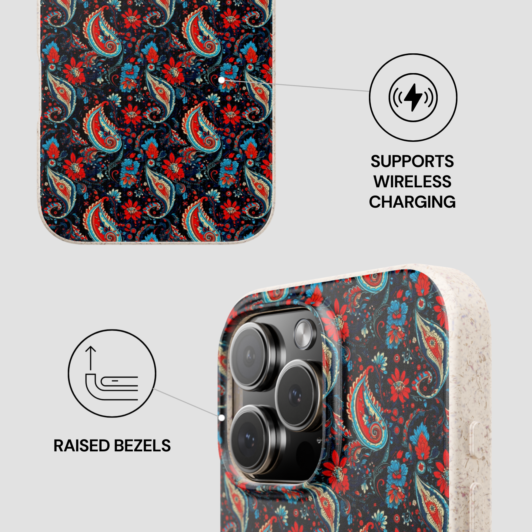 Phone case with paisley pattern, wireless charging symbol, and raised bezels text on a light gray background.