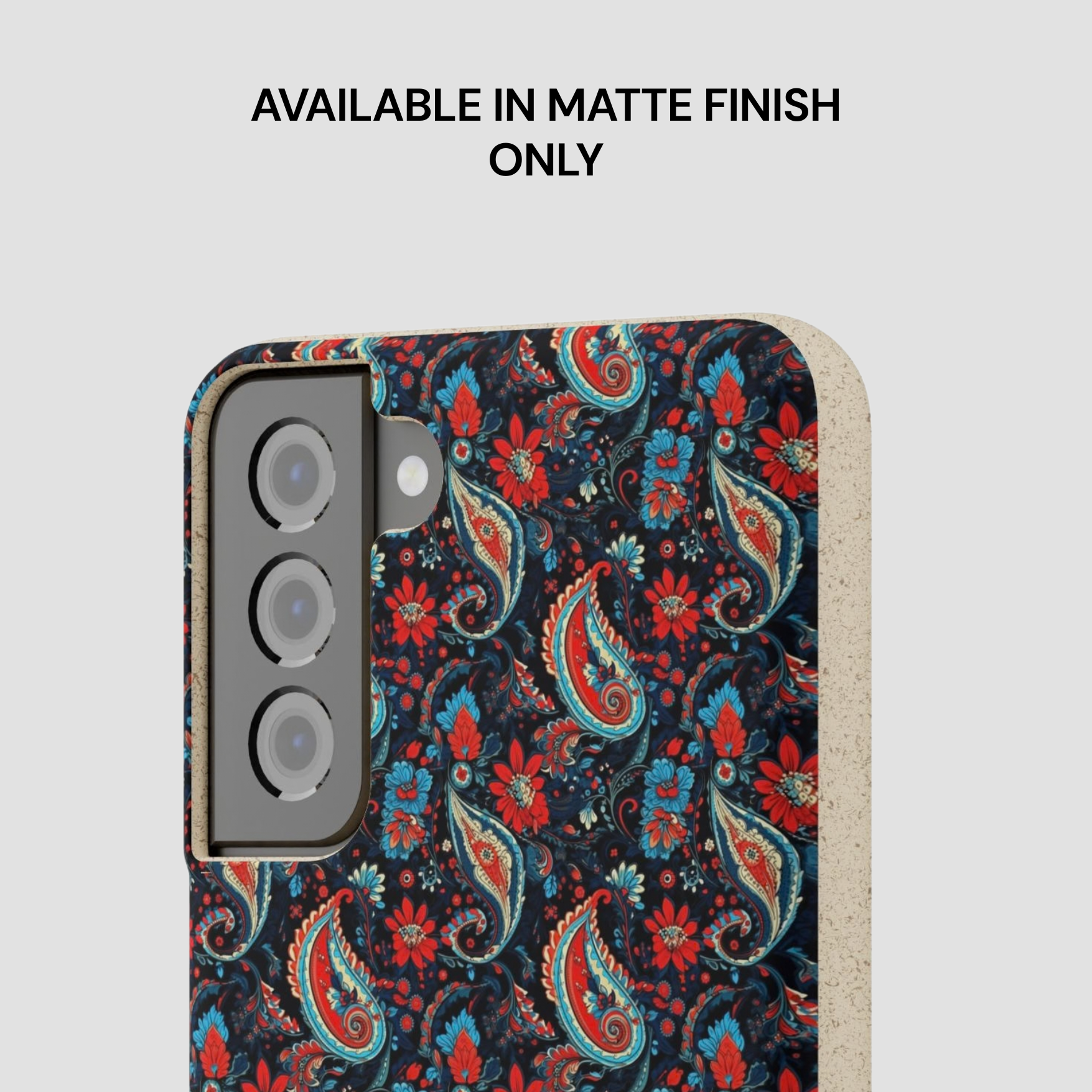 Phone case with floral paisley pattern on a light gray background