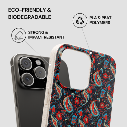 Eco-friendly phone case with paisley design and text highlighting features on a gray background