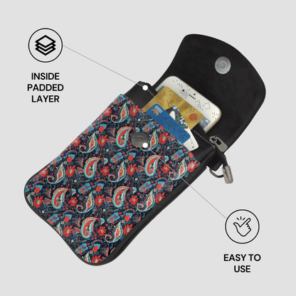 Paisley patterned phone case with cards on a gray background