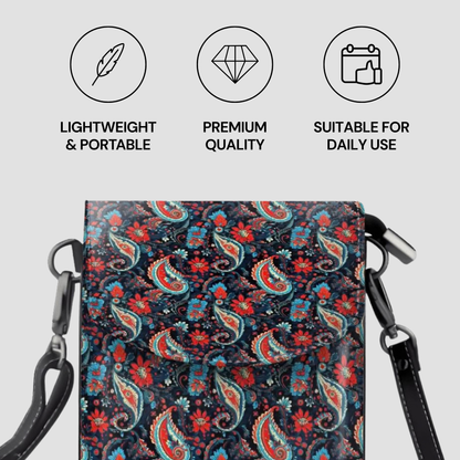 Floral patterned bag with shoulder strap on a light gray background, featuring icons and text about product attributes.