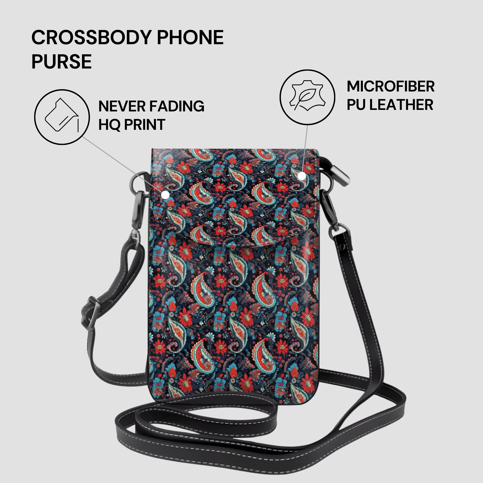 Crossbody phone purse with floral pattern on a light gray background