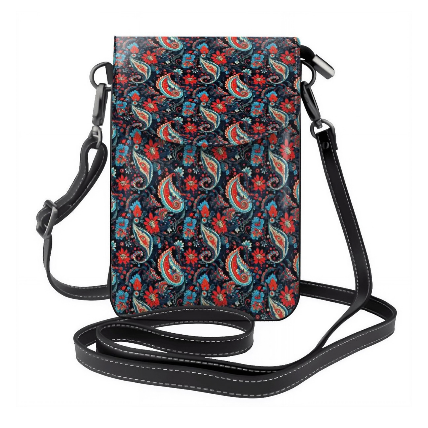 Floral patterned crossbody bag with a strap on a white background