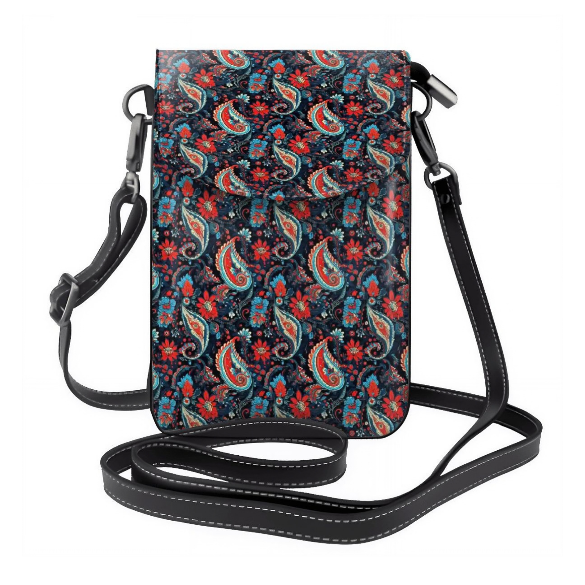 Floral patterned crossbody bag with a strap on a white background