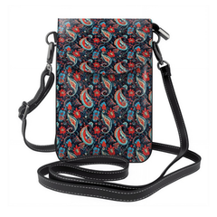 Floral patterned crossbody bag with a strap on a white background