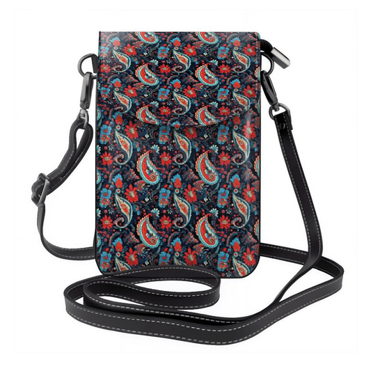 Floral patterned crossbody bag with a strap on a white background