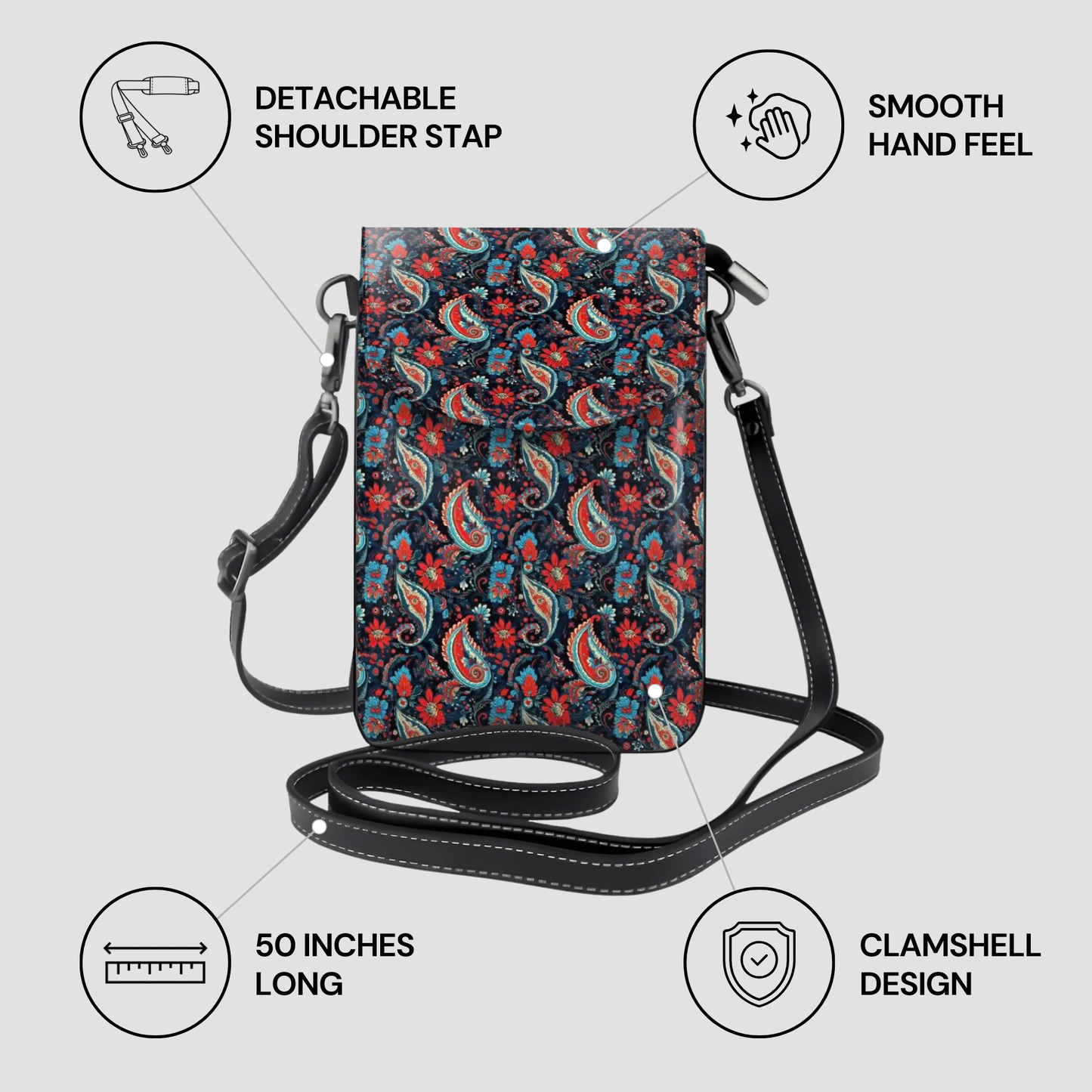 Patterned crossbody bag with features listed on a light gray background