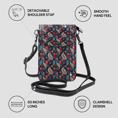 Patterned crossbody bag with features listed on a light gray background