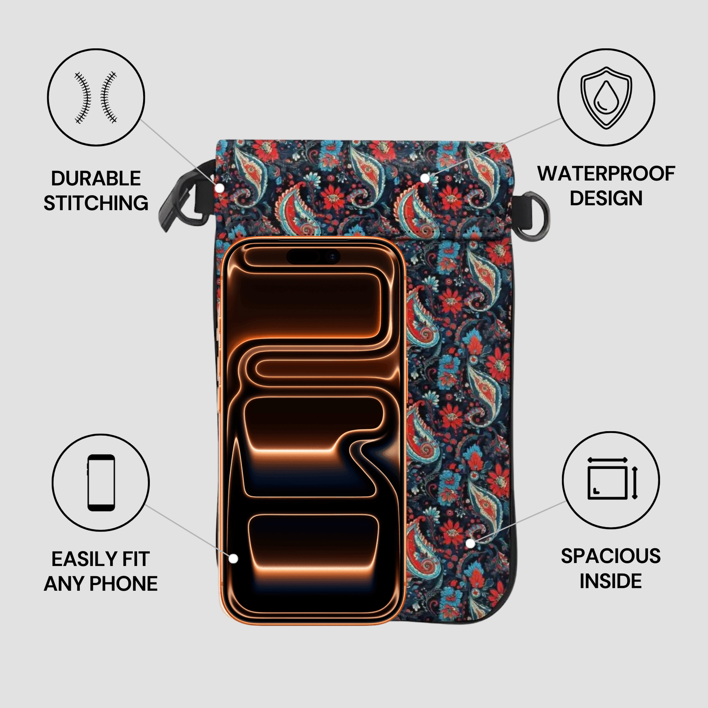 Phone case with paisley design and features highlighted on a gray background