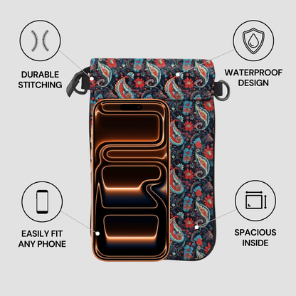 Phone case with paisley design and features highlighted on a gray background