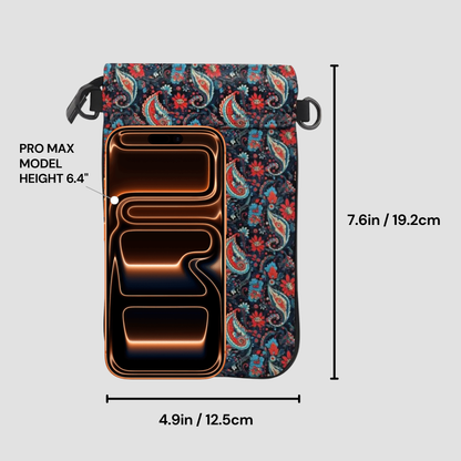 Phone case with paisley pattern and measurements on a light gray background