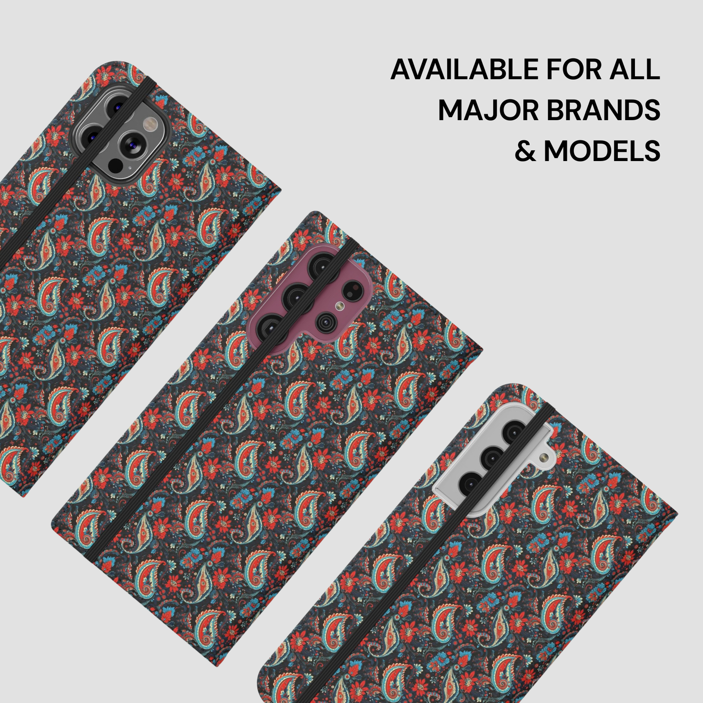 Patterned phone case on a white background with text 'Available for all major brands & models'.