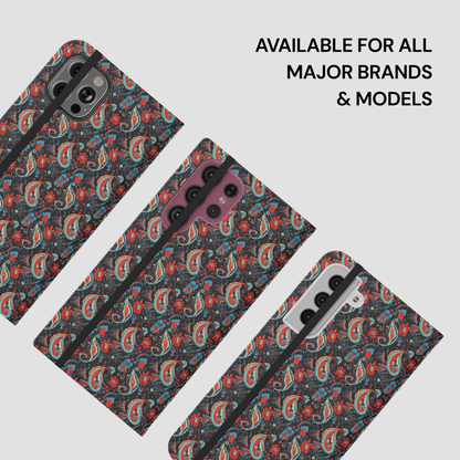Patterned phone case on a white background with text 'Available for all major brands & models'.