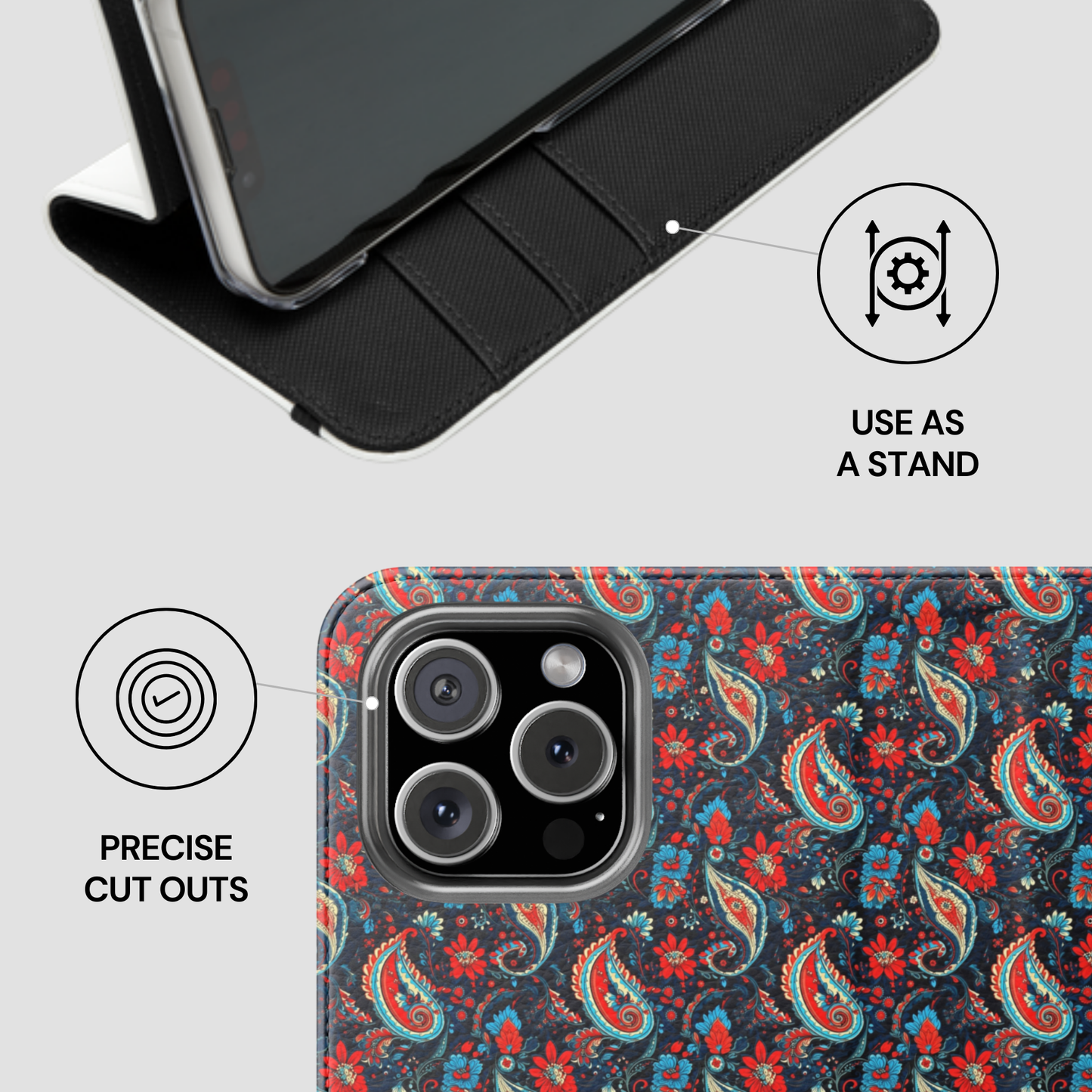 Phone case with paisley pattern and features highlighted on a light gray background