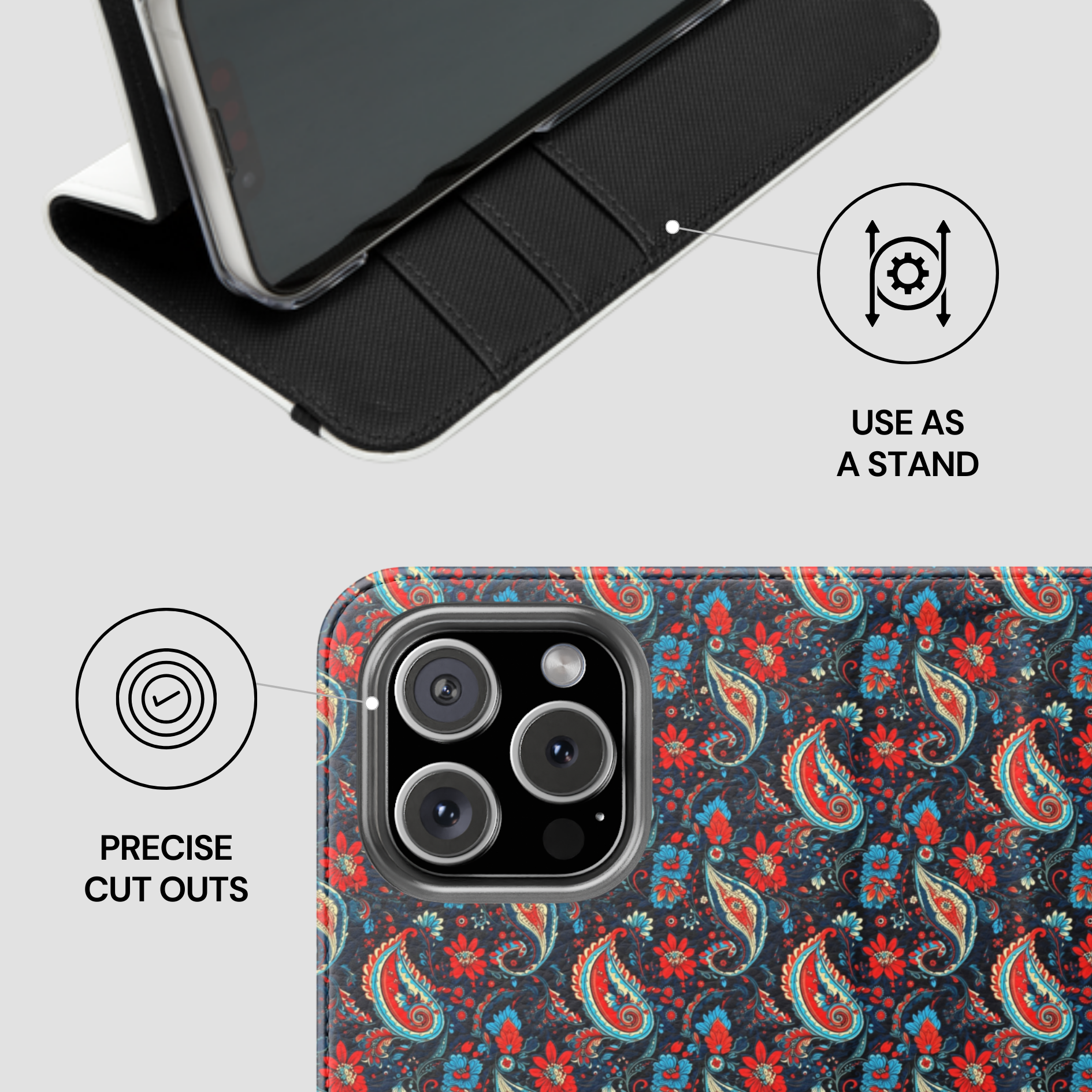 Phone case with paisley pattern and features highlighted on a light gray background