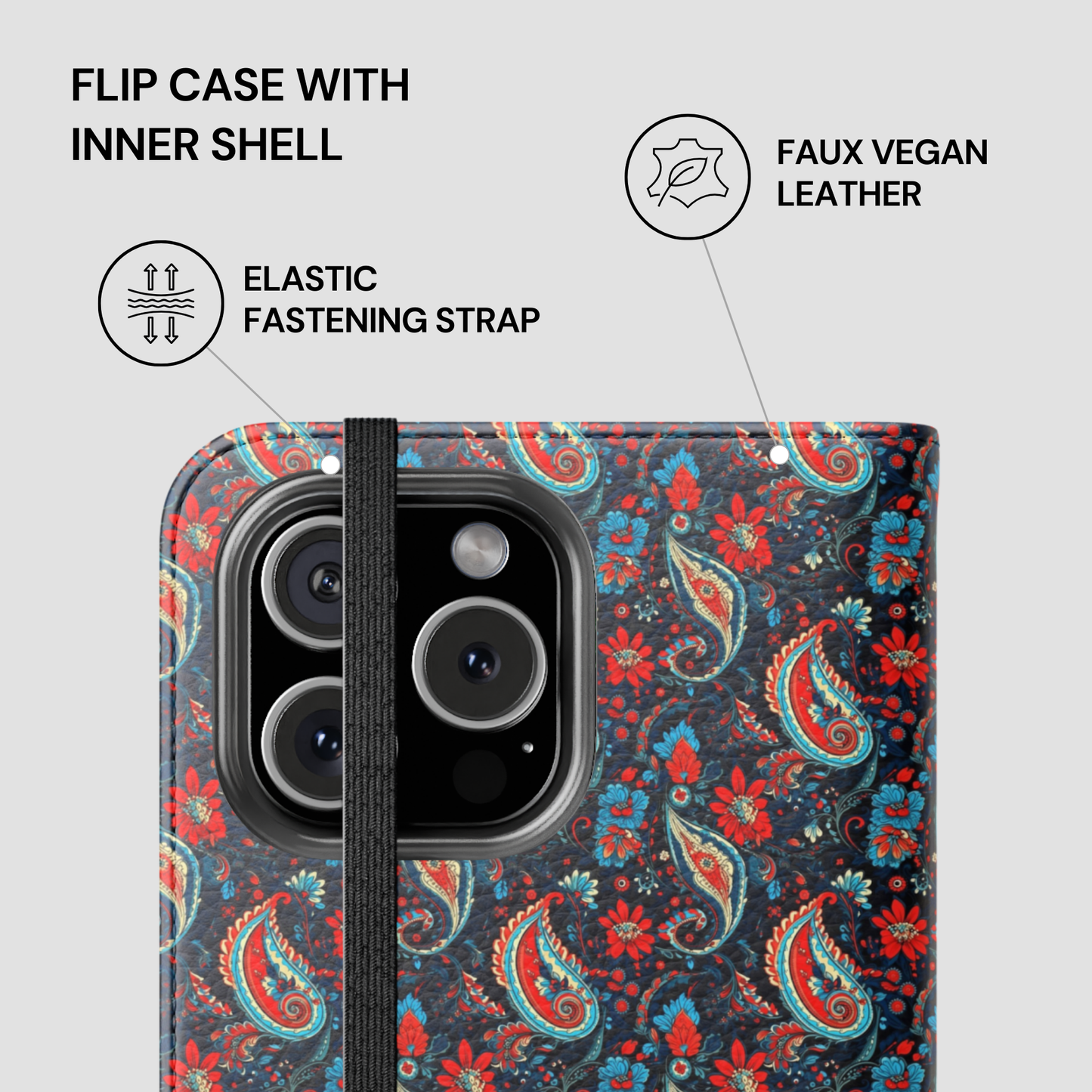 Flip case with inner shell featuring a paisley pattern on a gray background