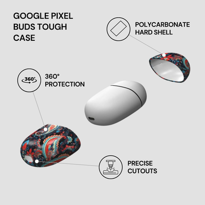 Google Pixel Buds Tough Case with features highlighted on a white background
