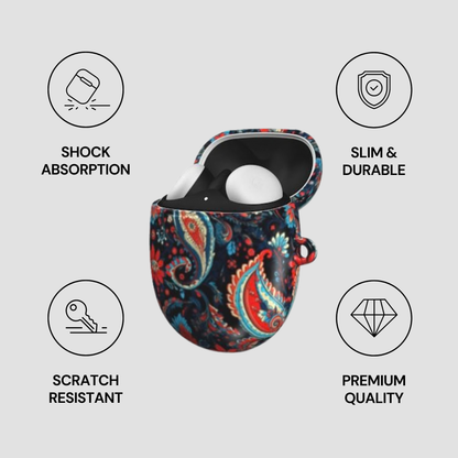 Patterned case with features listed on a gray background