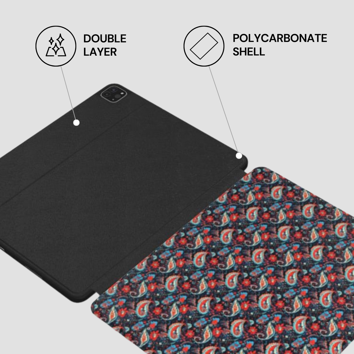 Tablet case with double layer and polycarbonate shell features on a gray background