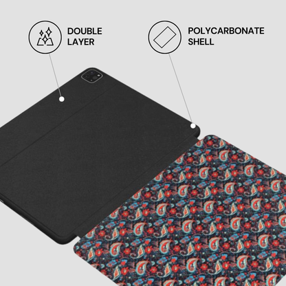 Tablet case with double layer and polycarbonate shell features on a gray background