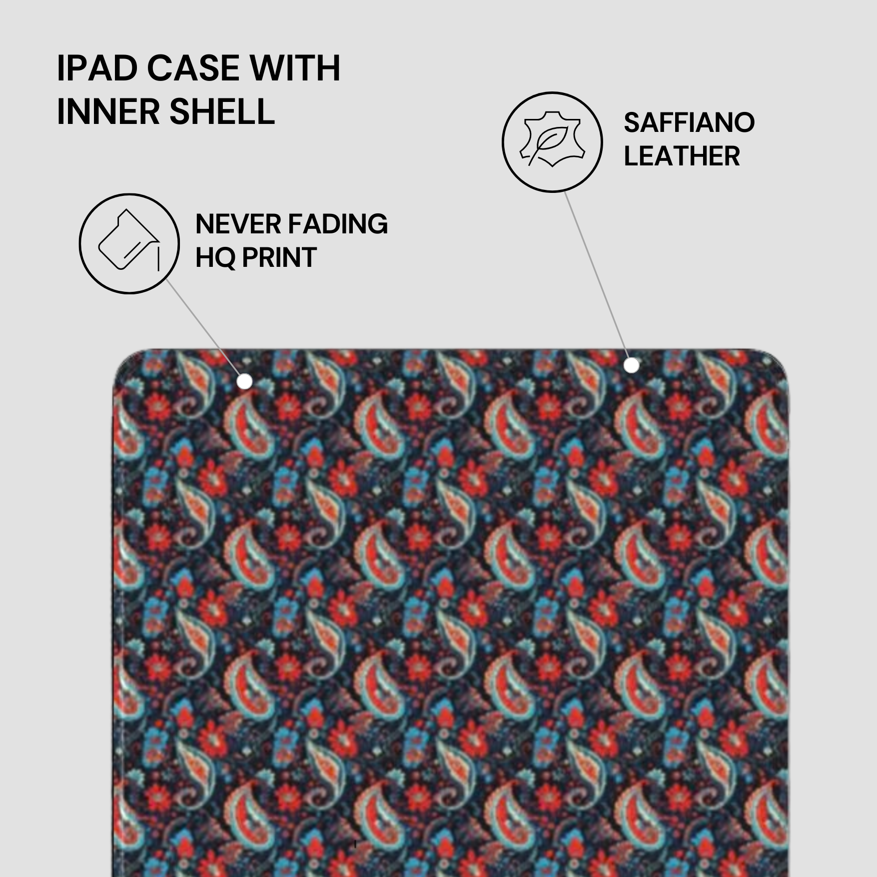 Floral patterned iPad case with saffiano leather finish on a light gray background