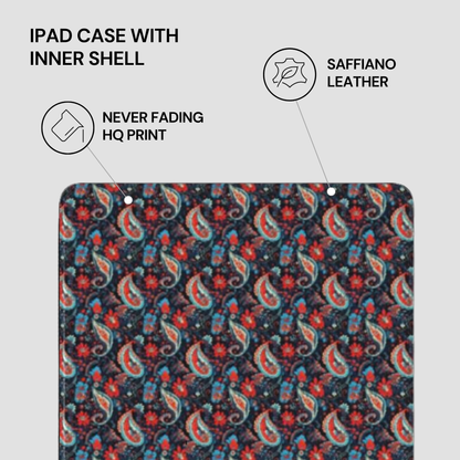 Floral patterned iPad case with saffiano leather finish on a light gray background
