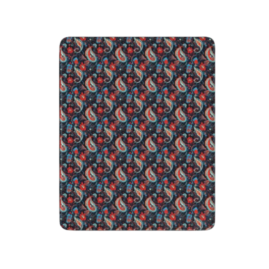 Patterned fabric swatch with red, blue, and green design on a black background