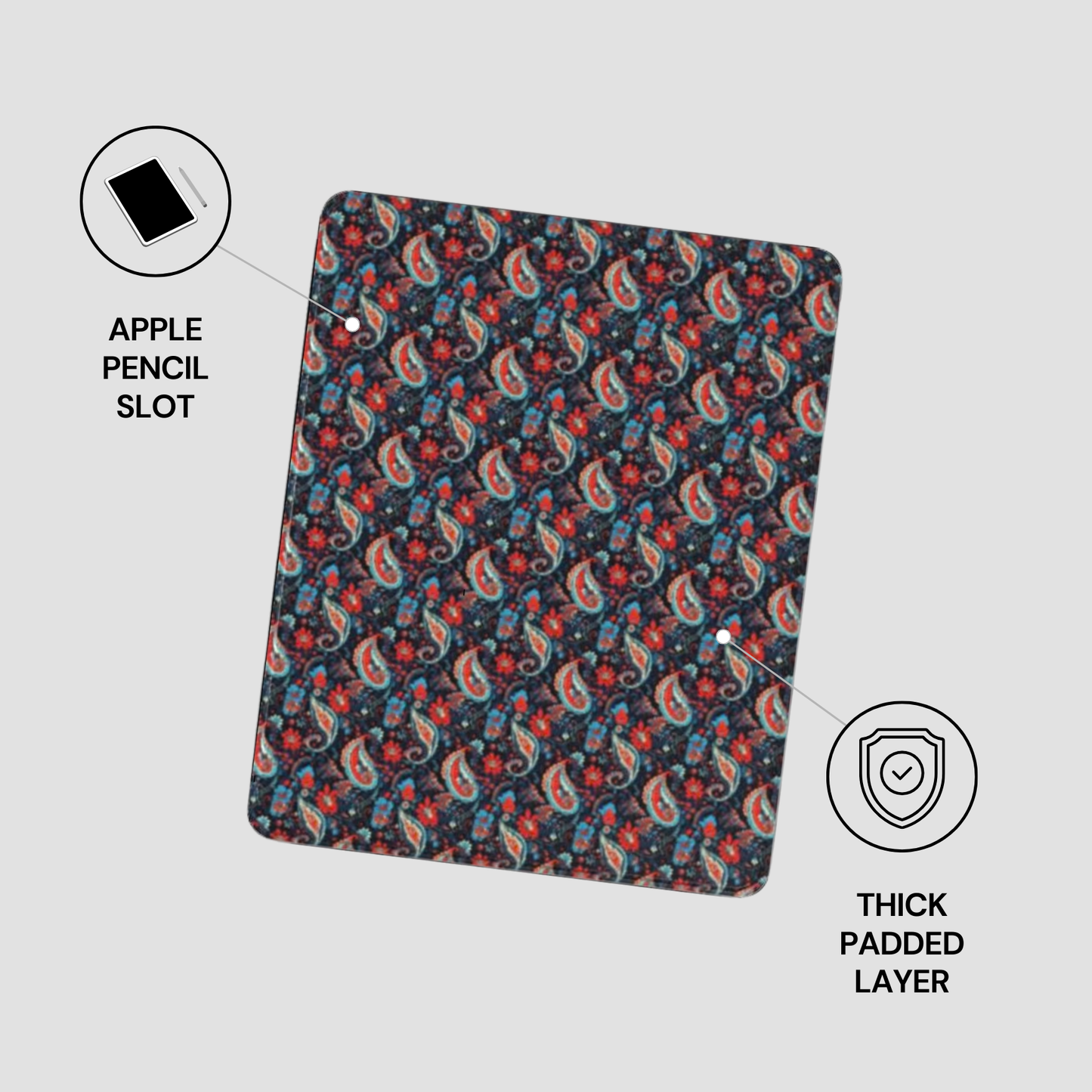 Patterned case with Apple Pencil slot and thick padded layer on a light gray background