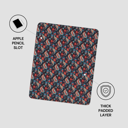 Patterned case with Apple Pencil slot and thick padded layer on a light gray background