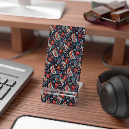 Phone case with colorful paisley pattern on a desk with keyboard and headphones