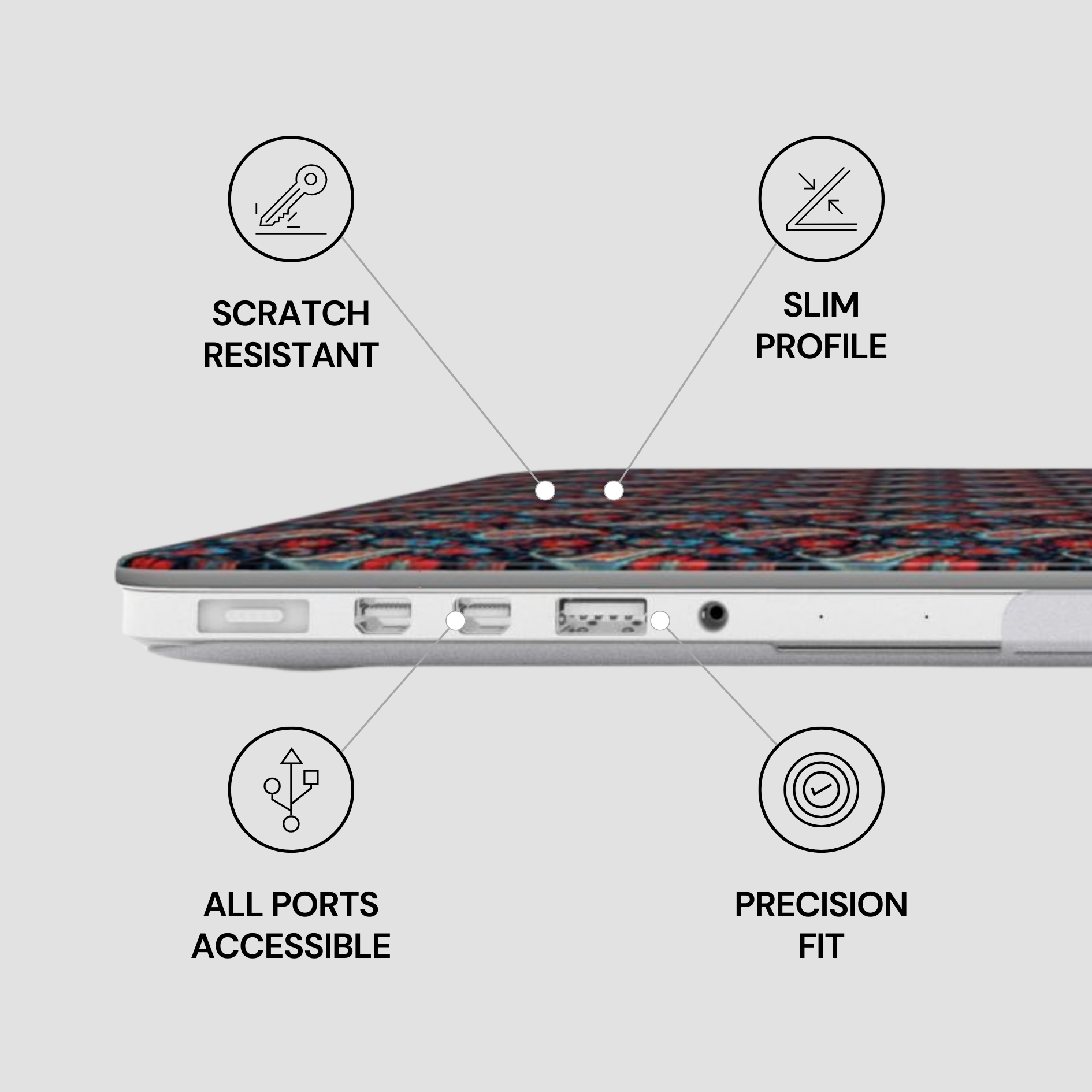 Laptop with features labeled as scratch resistant, slim profile, all ports accessible, and precision fit on a light gray background.
