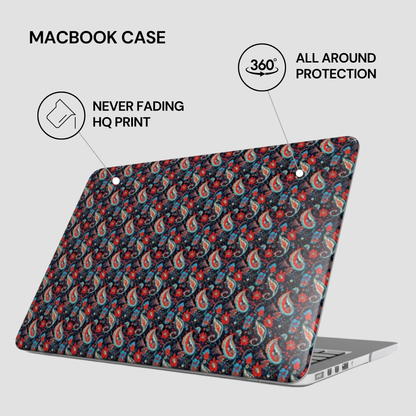 Patterned MacBook case with text highlighting features on a white background