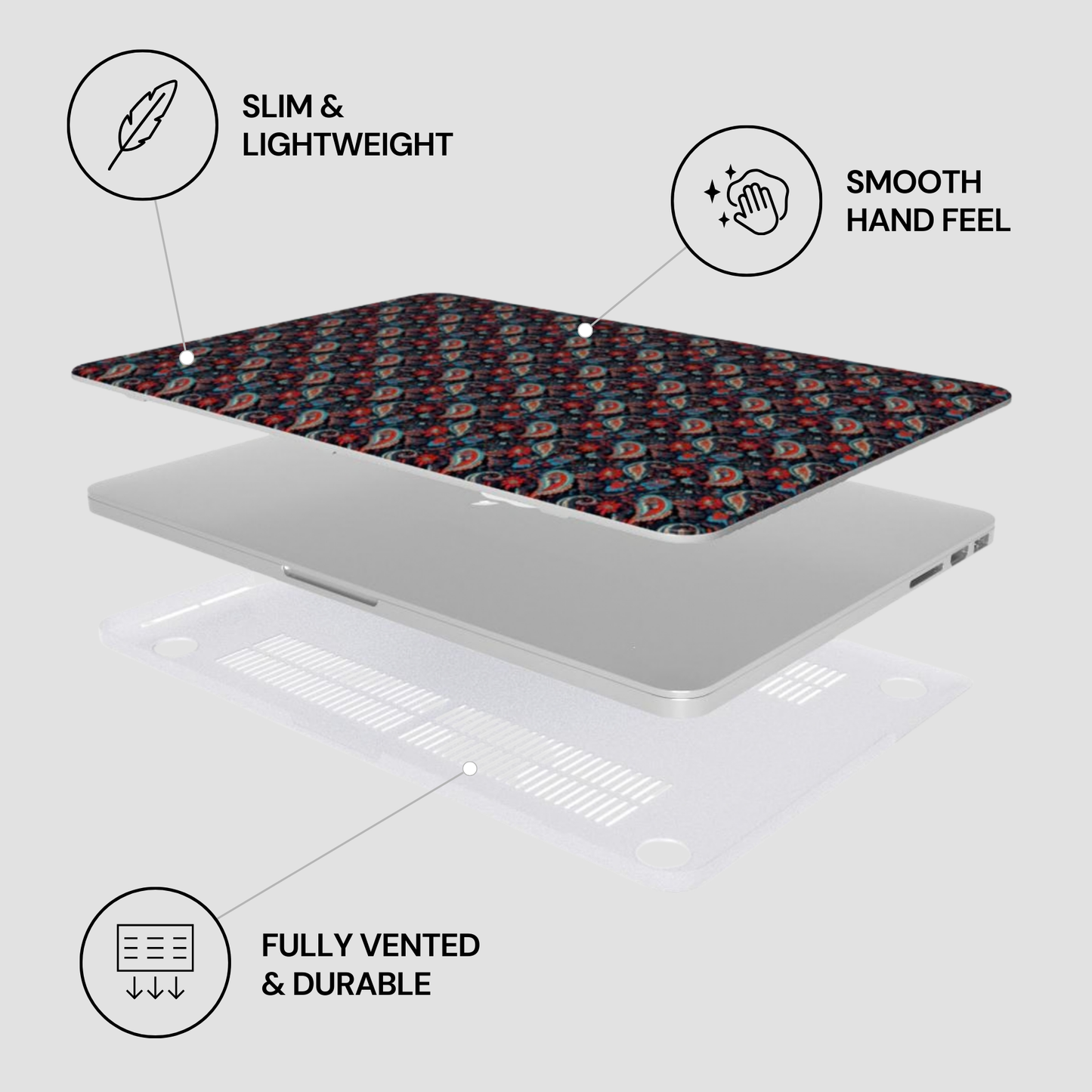 Laptop with a floral skin on a light gray background, featuring text labels about the product's features.