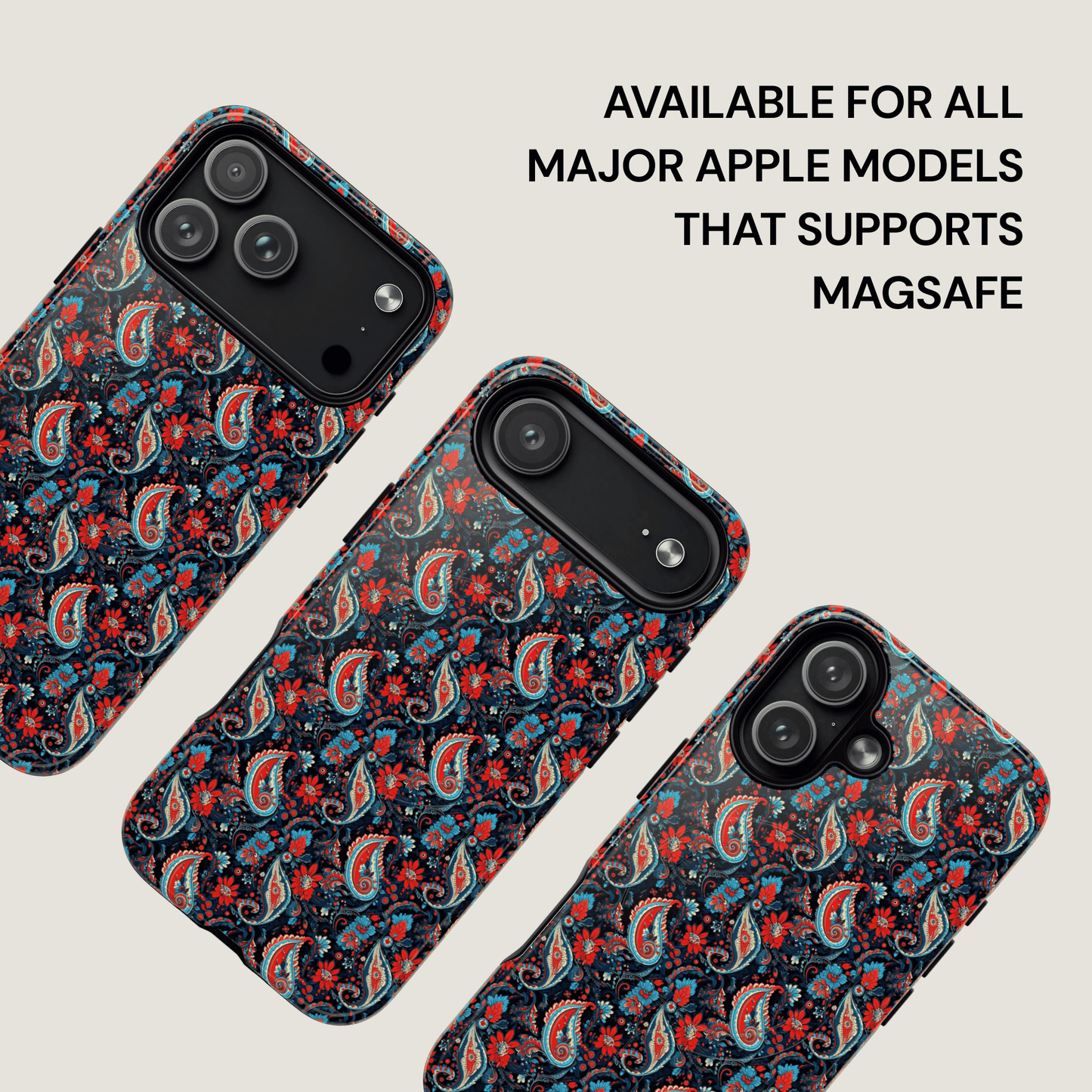 Patterned phone case with text indicating compatibility for Apple models supporting MagSafe.