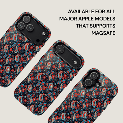 Patterned phone case with text indicating compatibility for Apple models supporting MagSafe.