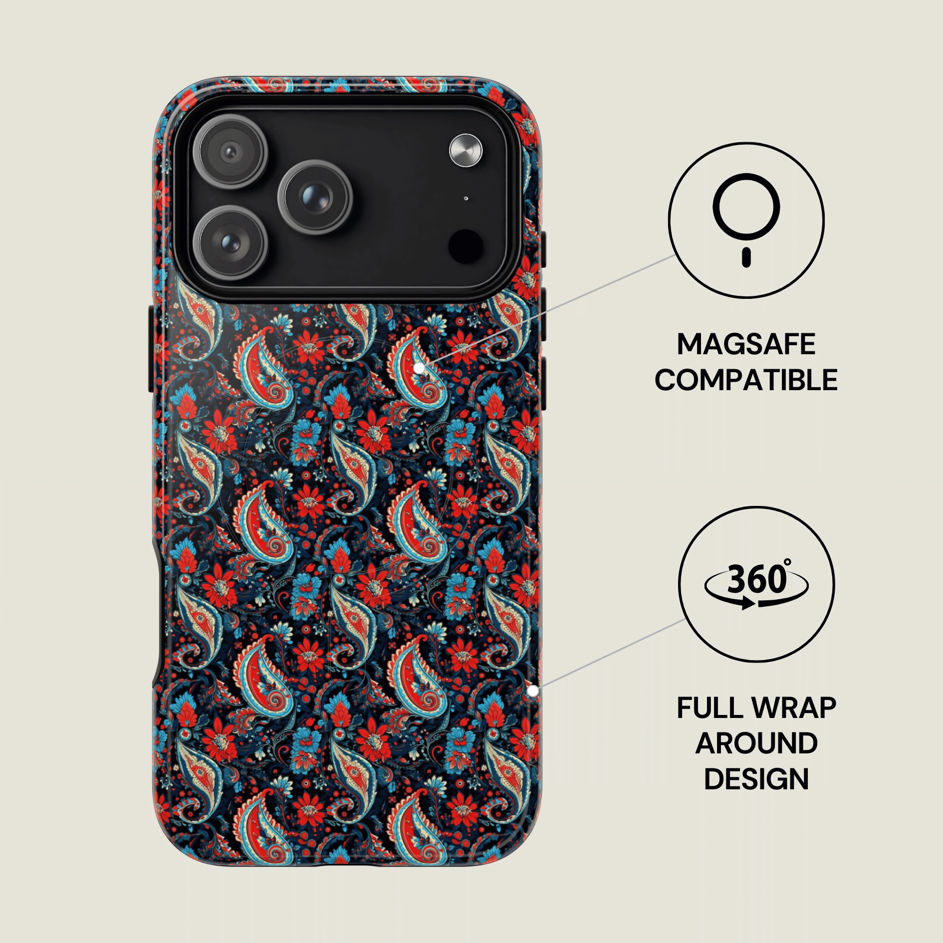 Phone case with paisley pattern and Magsafe compatibility on a light background