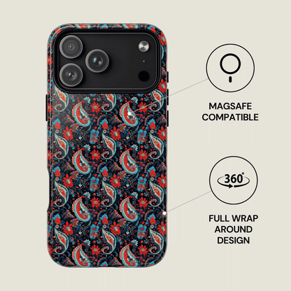 Phone case with paisley pattern and Magsafe compatibility on a light background