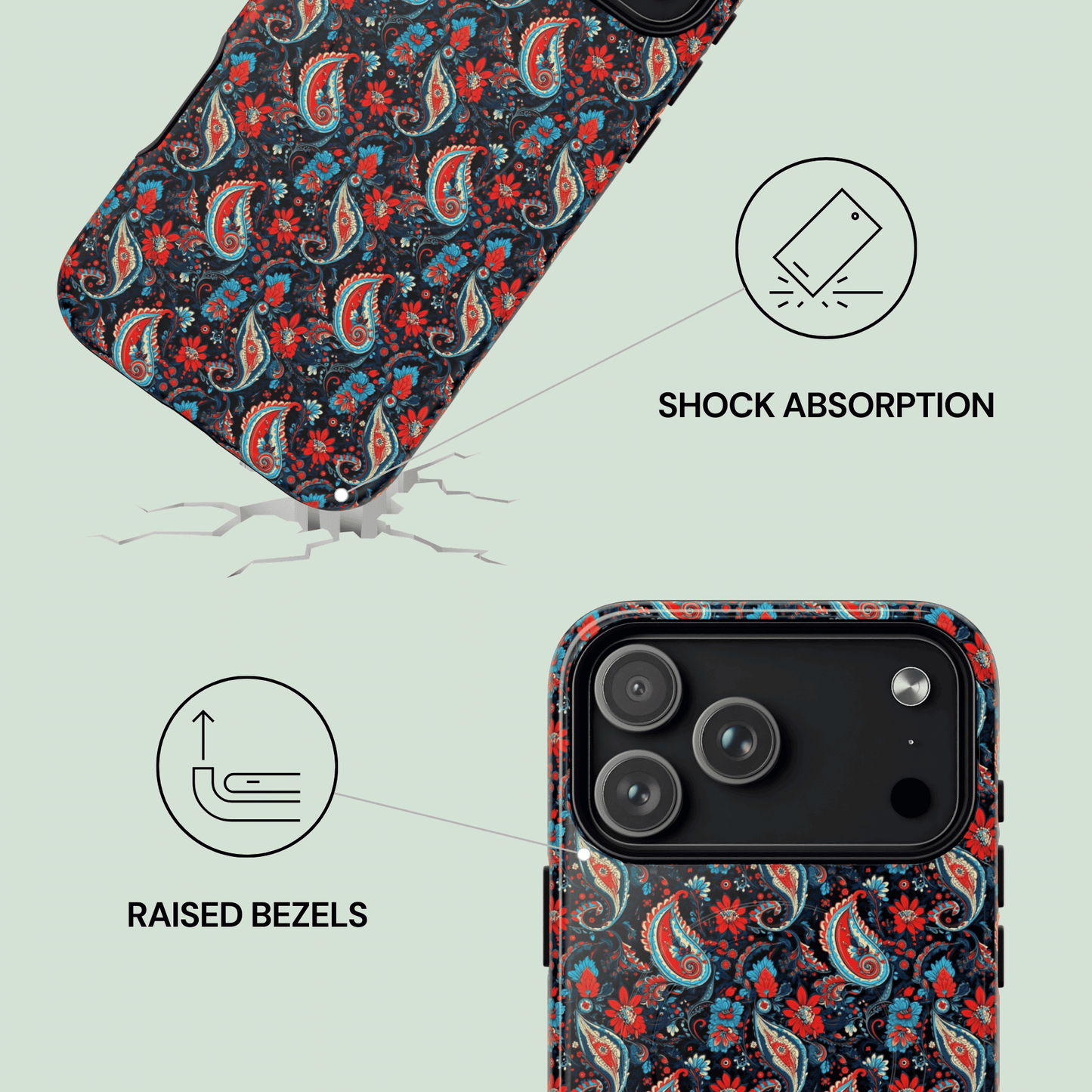 Phone case with paisley pattern and shock absorption features on a white background