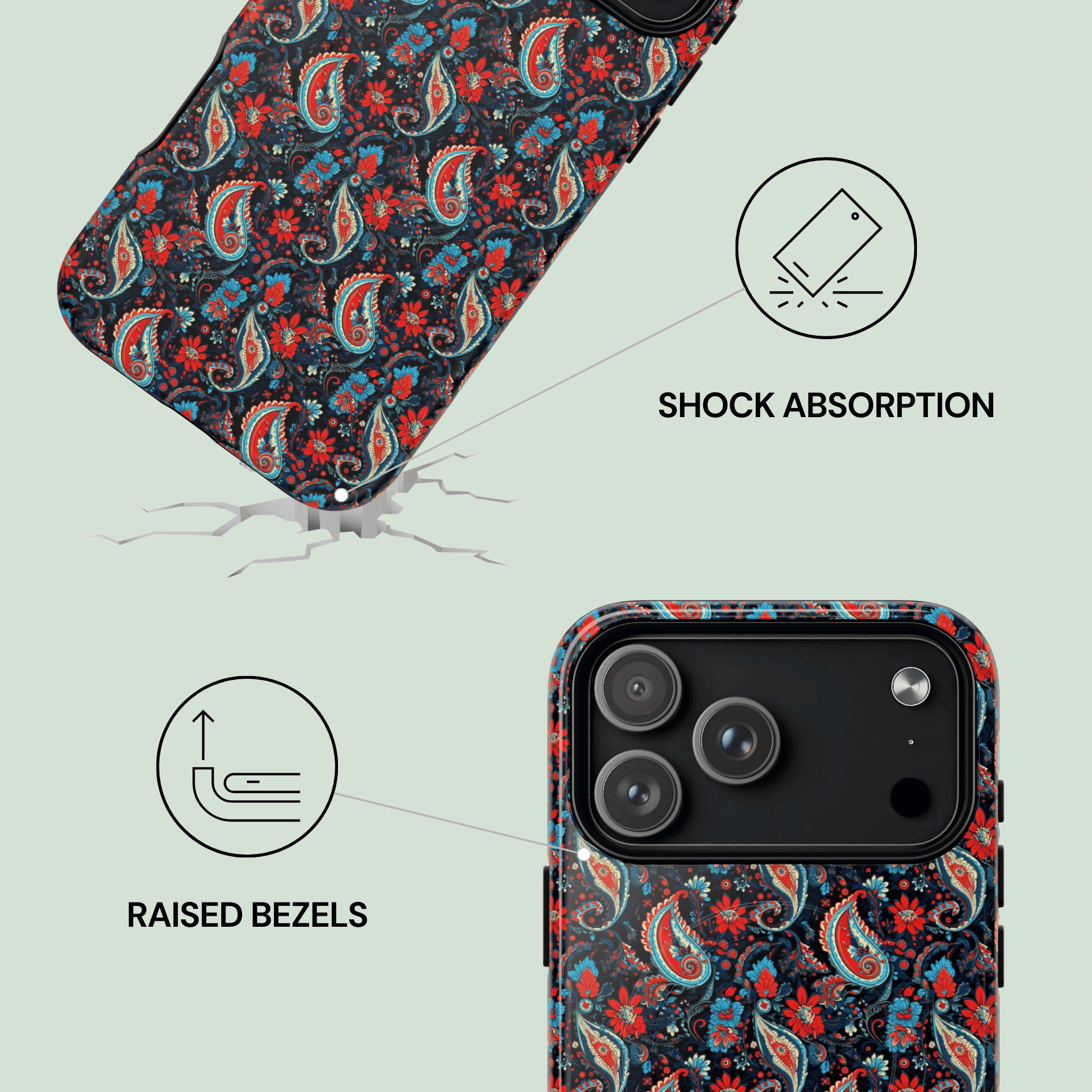 Phone case with paisley pattern and shock absorption features on a white background