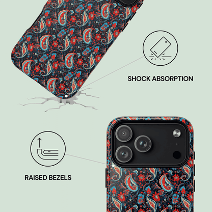 Phone case with paisley pattern and shock absorption features on a white background