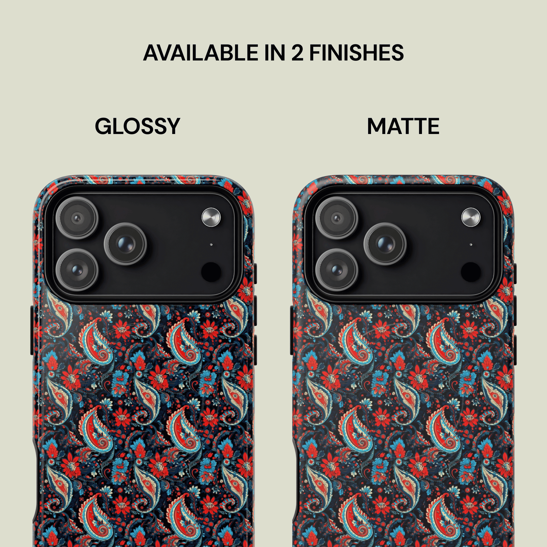 Two phone case designs, one glossy and one matte, with a floral pattern on a beige background.