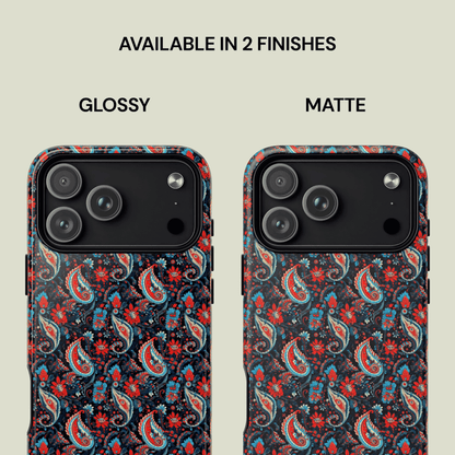 Two phone case designs, one glossy and one matte, with a floral pattern on a beige background.