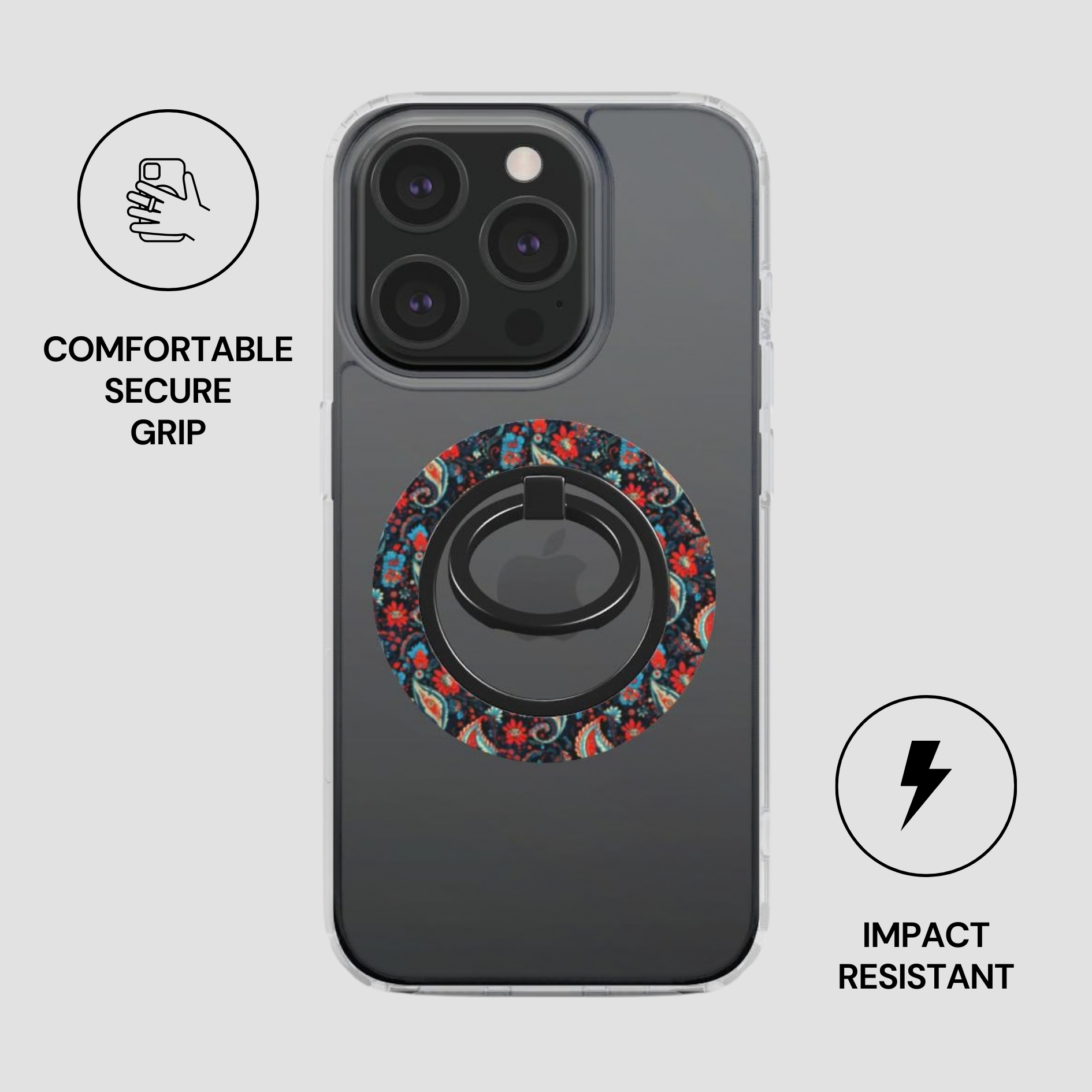 Phone case with floral ring holder on a gray background