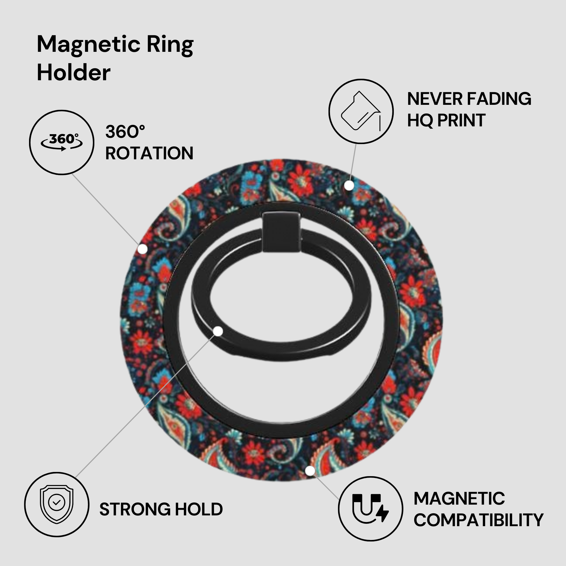 Magnetic ring holder with colorful design on a white background, featuring text labels about its features.