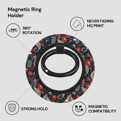 Magnetic ring holder with colorful design on a white background, featuring text labels about its features.