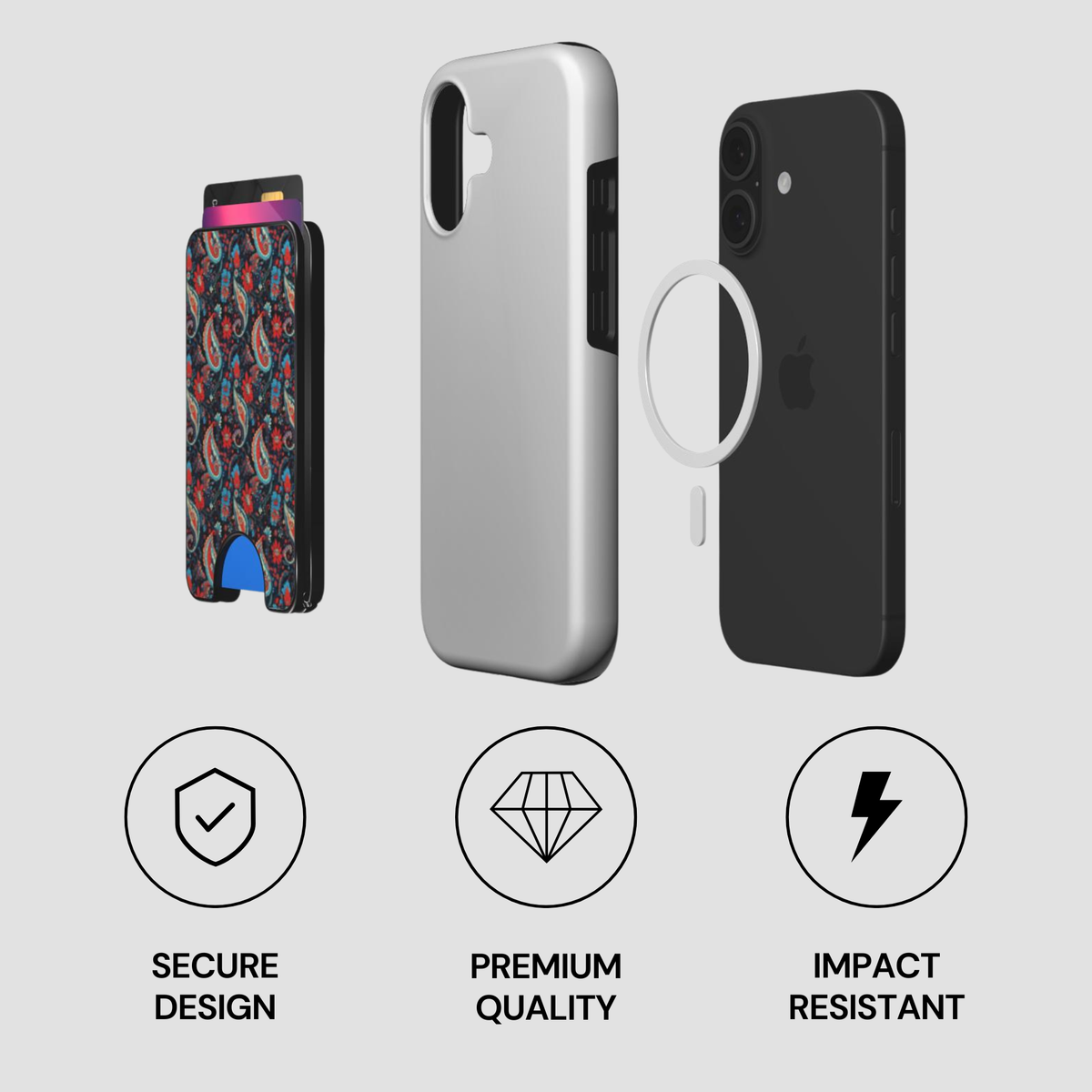 Exploded view of Velour Night Magnetic Wallet with phone, case, and MagSafe-style magnetic ring