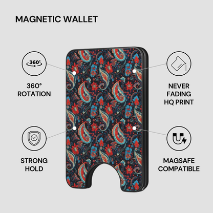 Velour Night Magnetic Wallet with feature callouts including strong hold, MagSafe compatible, and HQ print