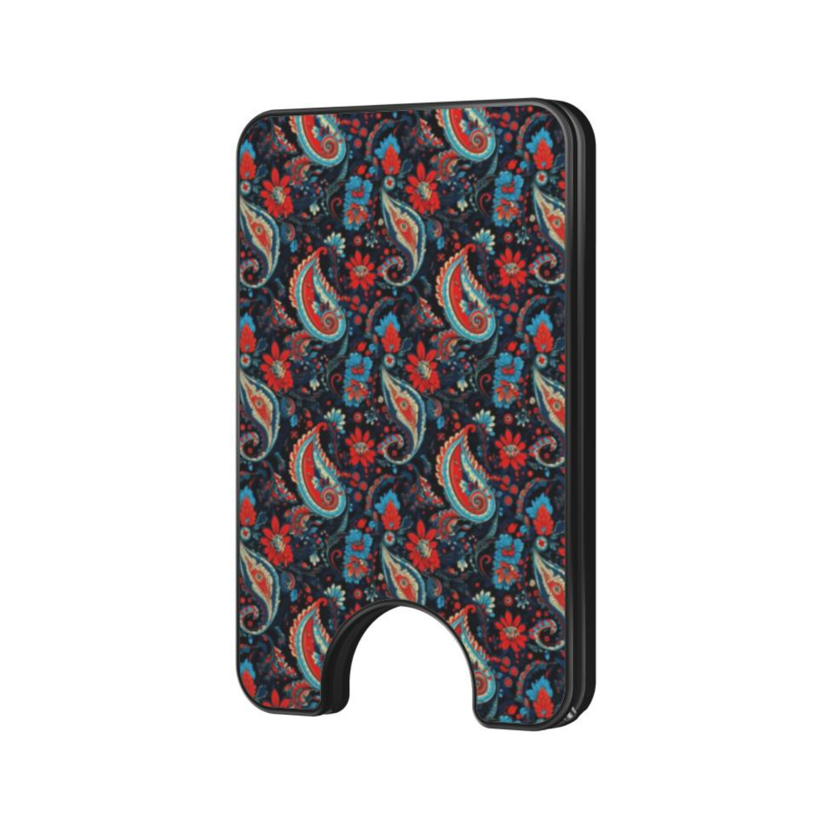 Velour Night Magnetic Wallet with intricate paisley-inspired navy, red, cream, and blue pattern